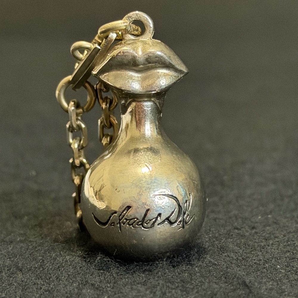 Vintage Salvador Dali Silver Lip Bottle Bag Charm Pendant - Silver Color